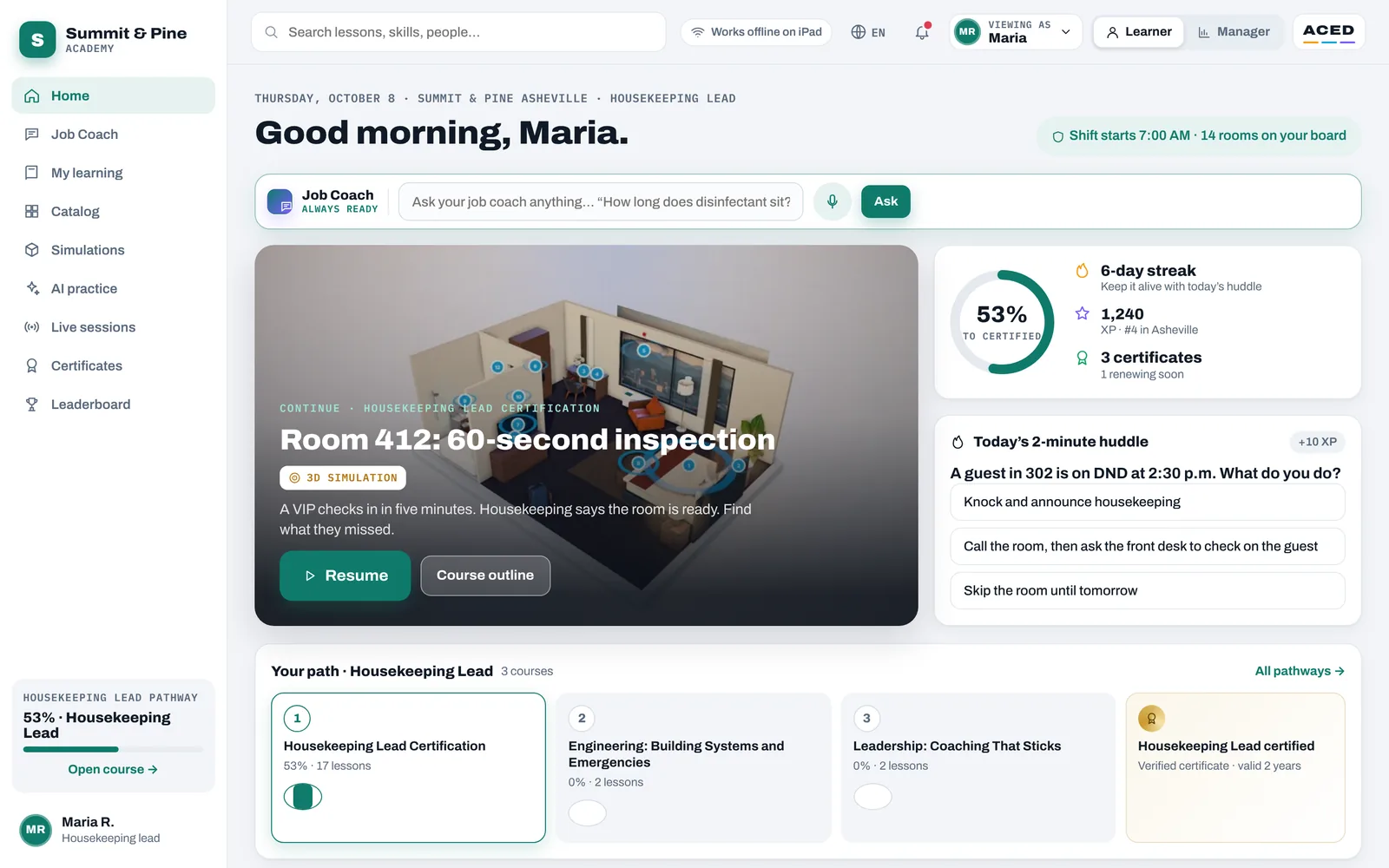 ACED platform learner dashboard with assigned training, progress, and activities