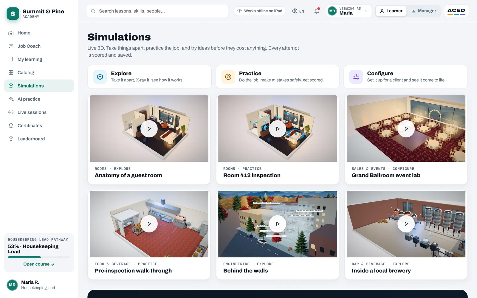 ACED platform simulation library with interactive workplace practice experiences