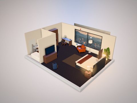 ACED Room Ready simulator showing a three-dimensional hotel room