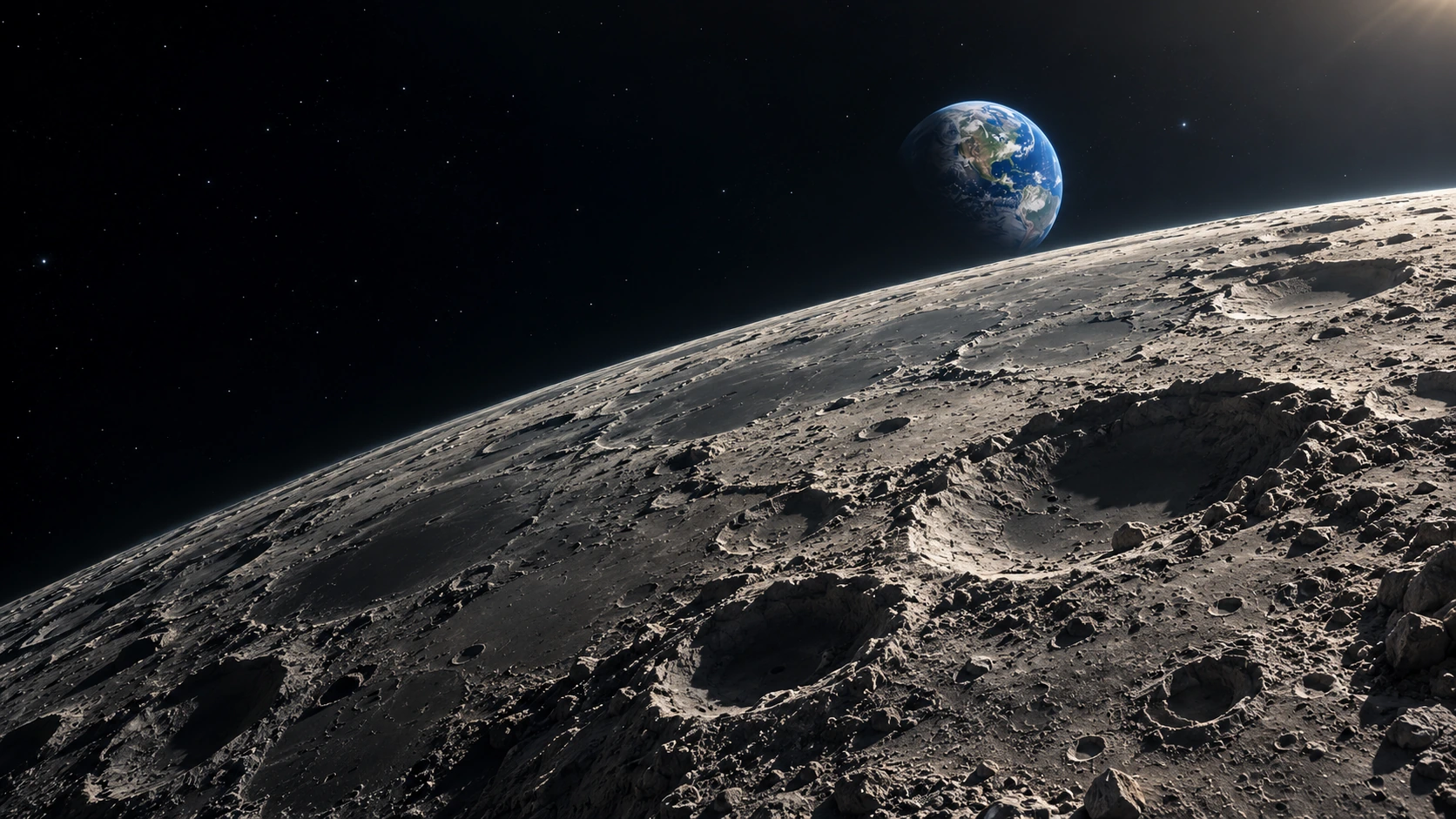 Illustrated lunar landscape with Earth above the horizon